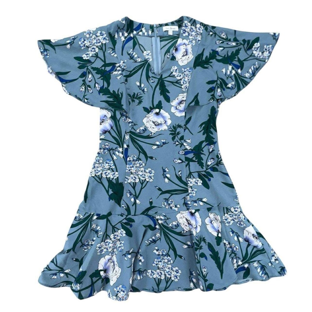 Love Bonito Blue Floral Flutter Sleeve‎ V Neck Ruffle Hem Mini Dress